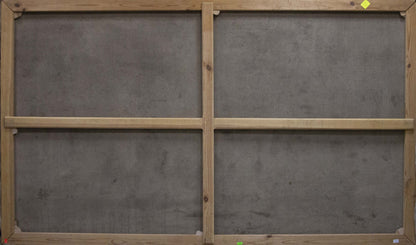Back of Oil painting Walk through the woods framed canvas with light wood stretcher bars and gray fabric panels