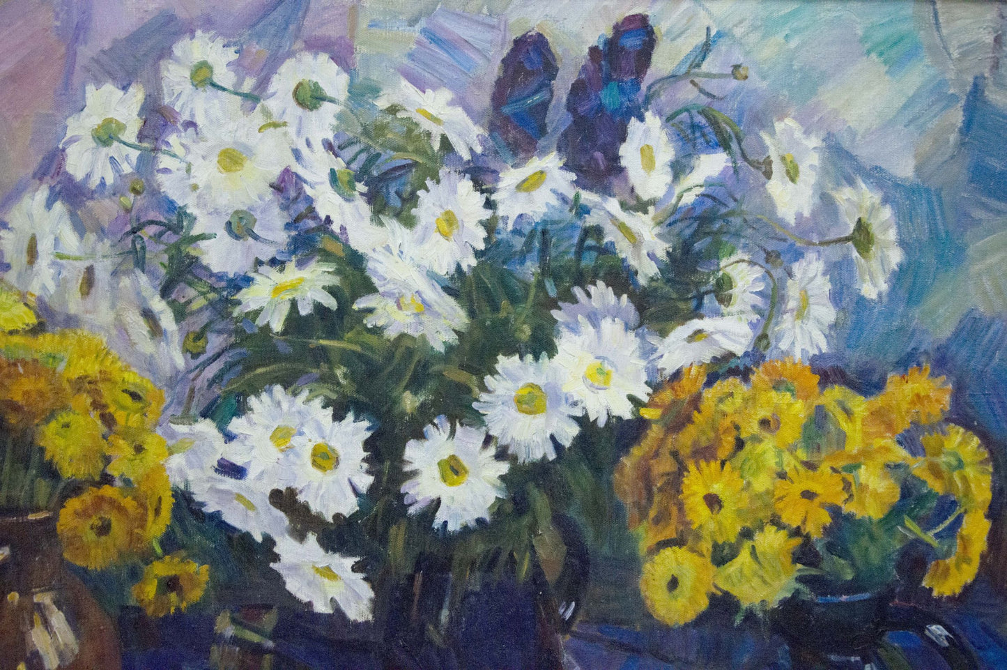 Vibrant oil painting Flowers Krymov O. with white daisies, yellow marigolds