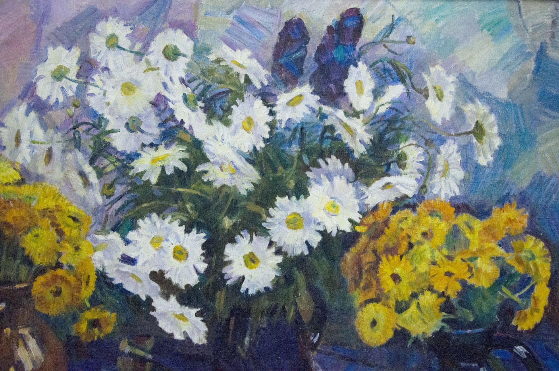 Vibrant oil painting Flowers Krymov O. with white daisies, yellow marigolds