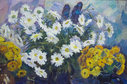 Vibrant oil painting Flowers Krymov O. with white daisies, yellow marigolds