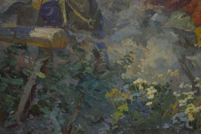 Oil painting Cossacks are coming by Khodchenko Lev Pavlovich with yellow flowers