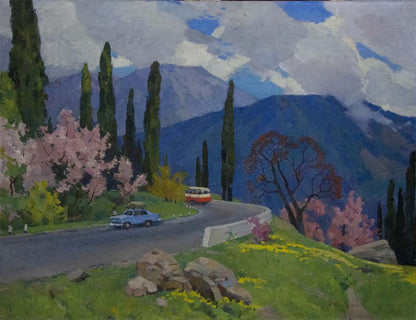 Oil painting of vintage blue sedan on mountain road with cherry blossoms