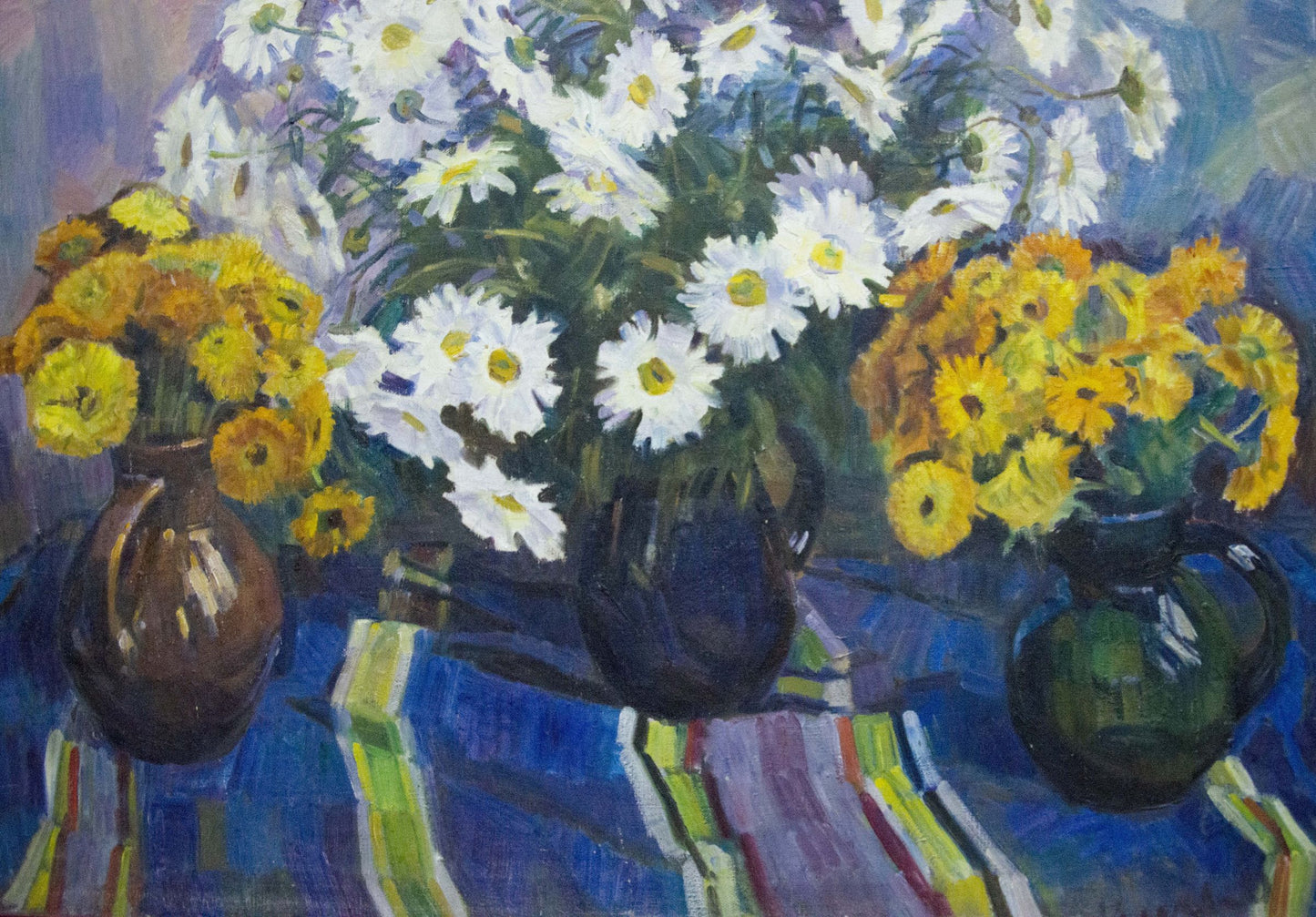 Oil painting Flowers Krymov O. with three ceramic vases of white daisies and yellow flowers