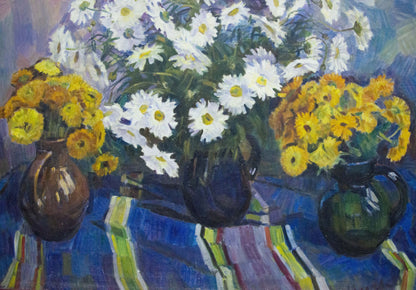 Oil painting Flowers Krymov O. with three ceramic vases of white daisies and yellow flowers