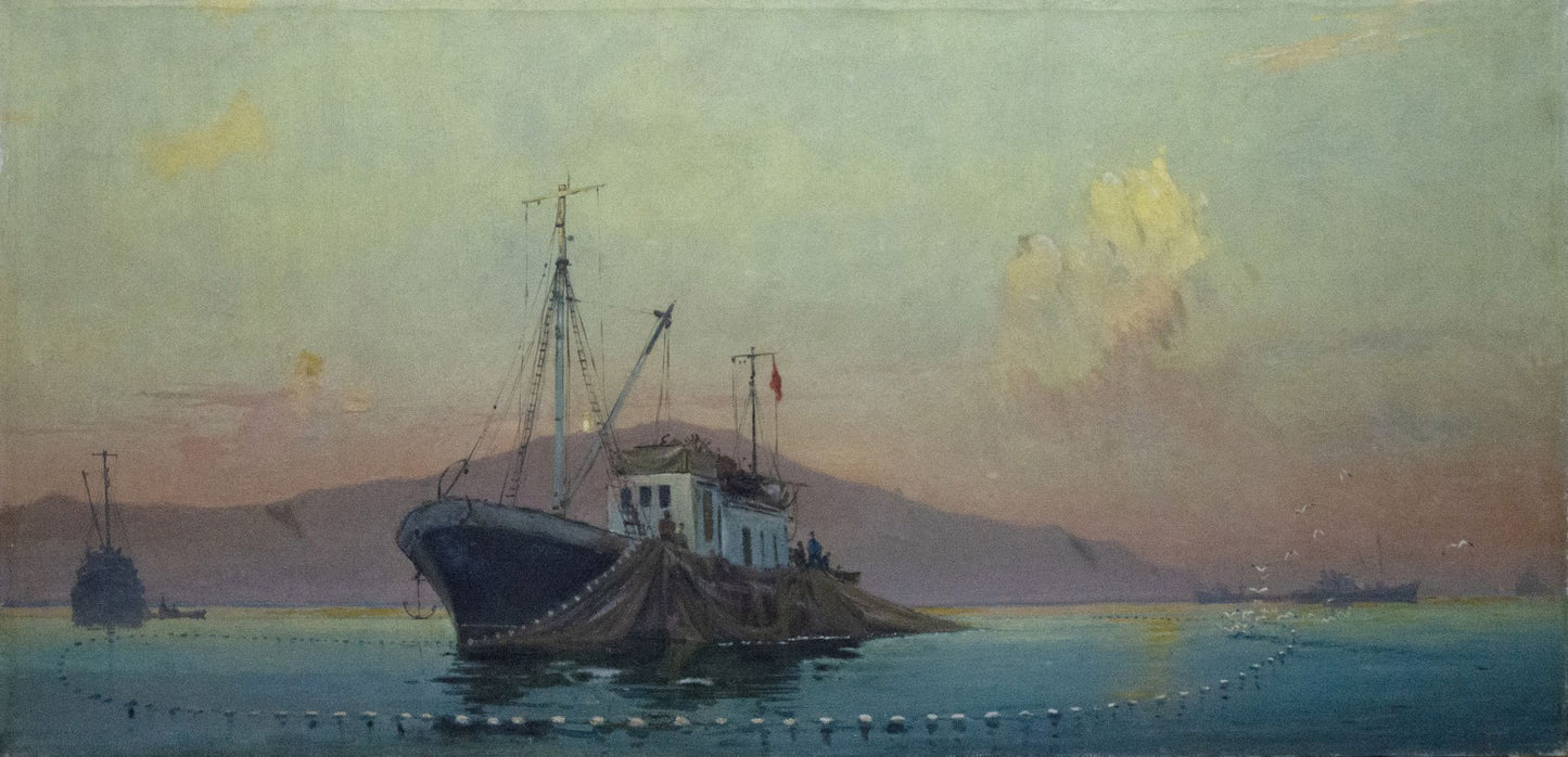 Oil painting by Peter Kuzmich Stolyarenko: dark fishing boat at twilight