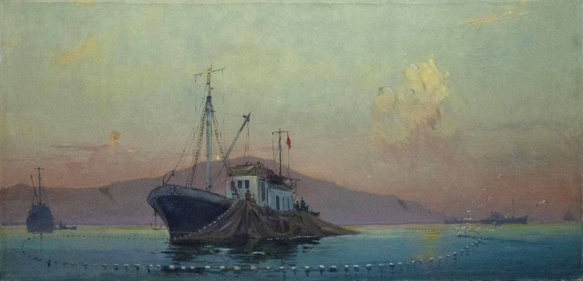 Oil painting by Peter Kuzmich Stolyarenko: dark fishing boat at twilight