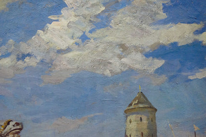 Oil painting of stone tower with conical roof by Khodchenko Lev Pavlovich