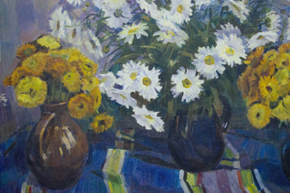 Oil painting Flowers Krymov O. with white daisies and yellow flowers in dark ceramic vases