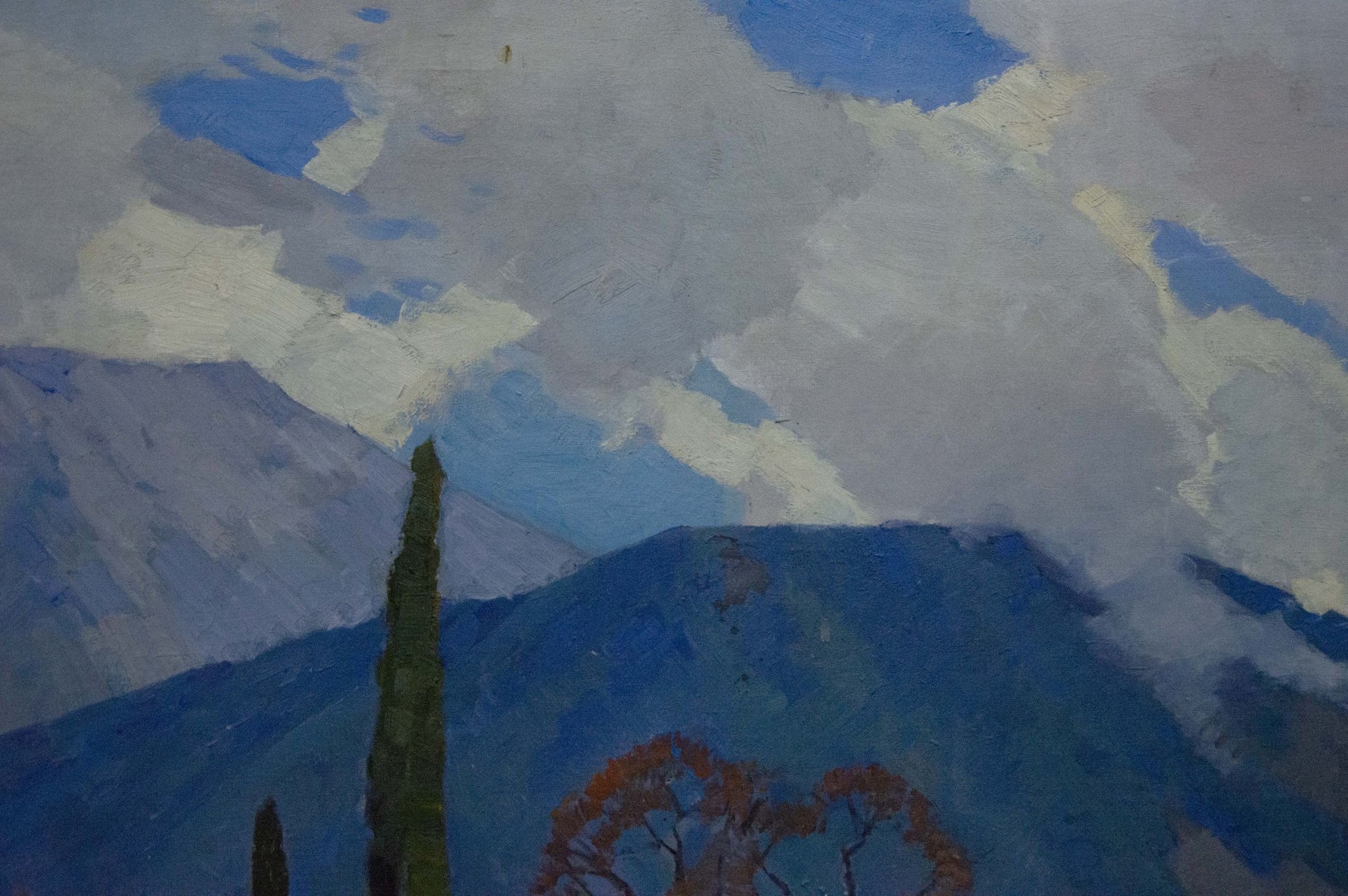 Oil painting of tall green cypress tree on mountain road with blue peaks