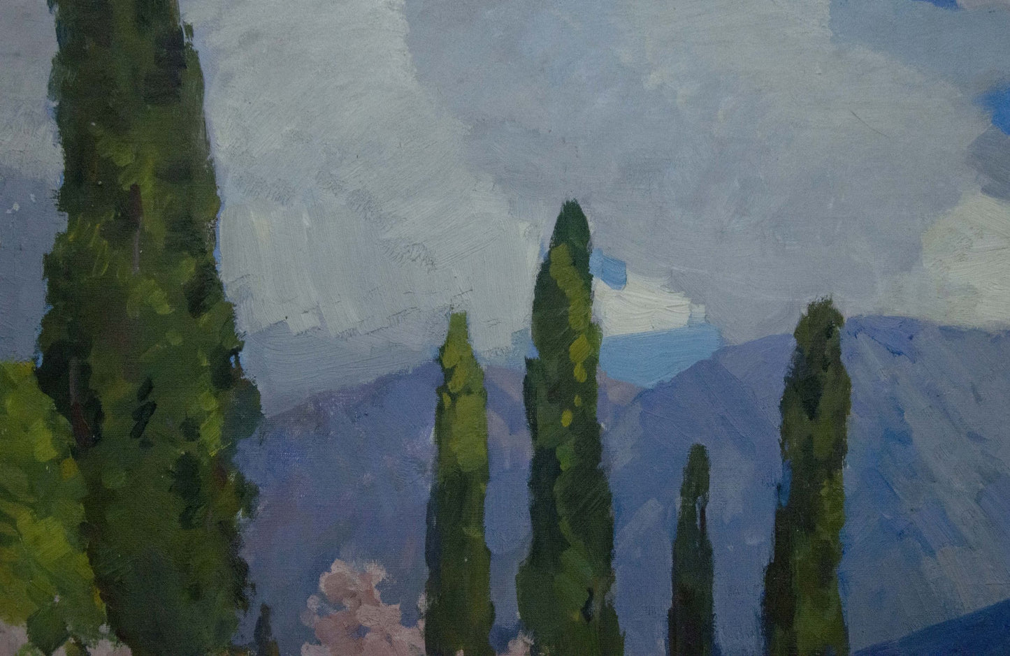 Oil painting of tall slender cypress trees on mountain road