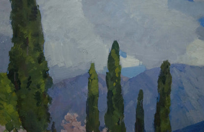 Oil painting of tall slender cypress trees on mountain road