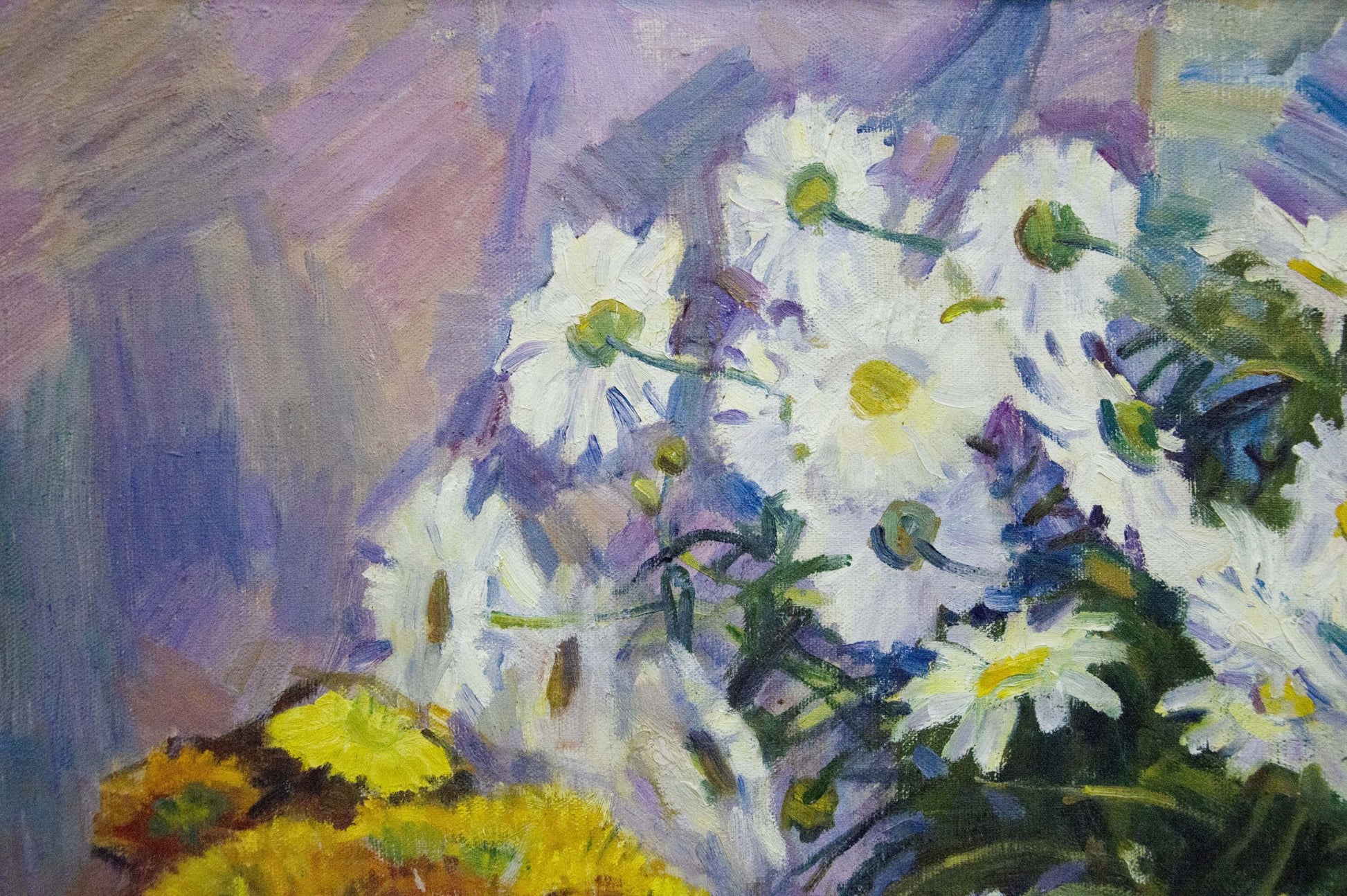 Vibrant oil painting of white daisies by Krymov O. on purple blue background