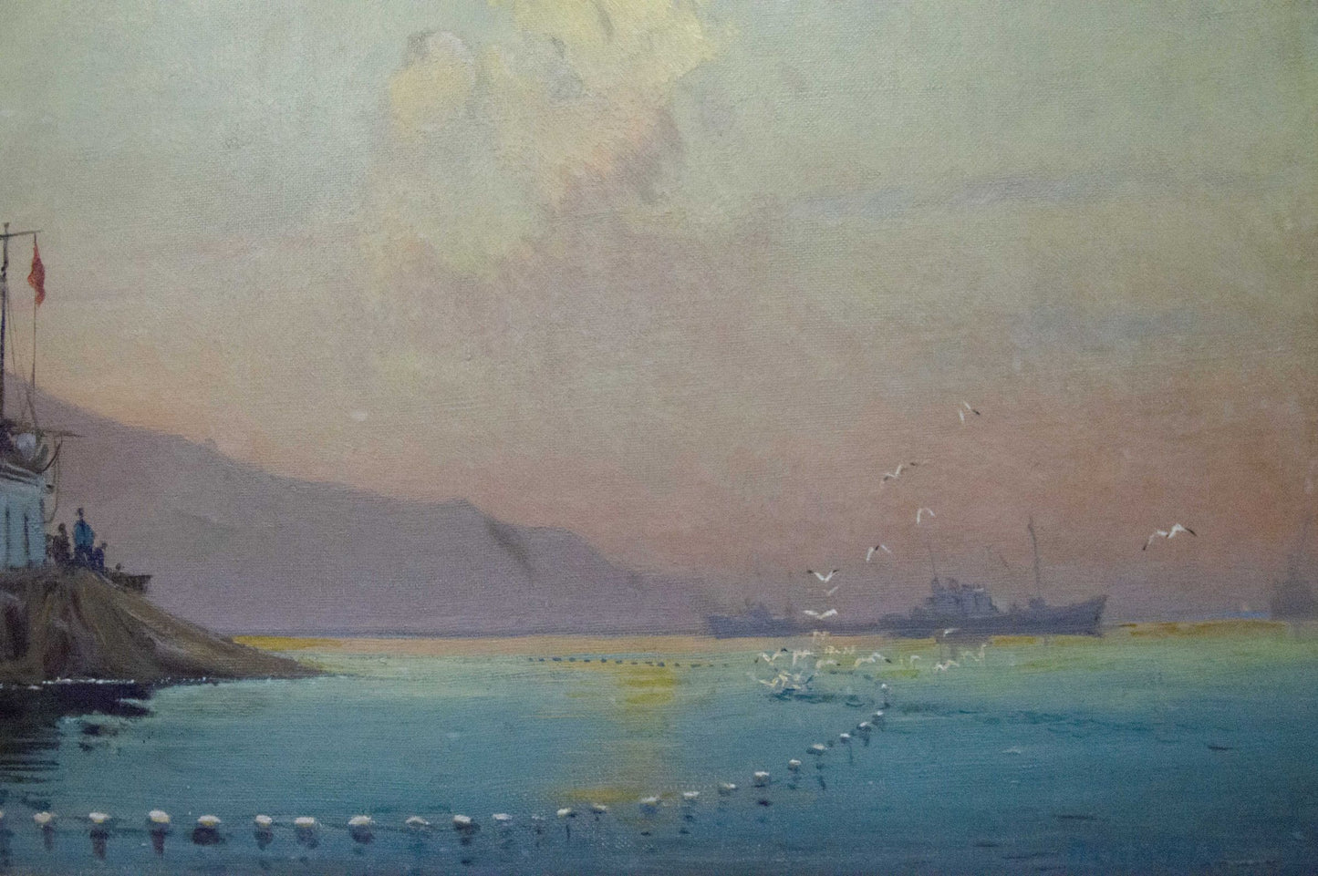 Impressionistic oil painting of coastal ship by Peter Kuzmich Stolyarenko