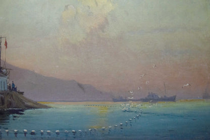 Impressionistic oil painting of coastal ship by Peter Kuzmich Stolyarenko