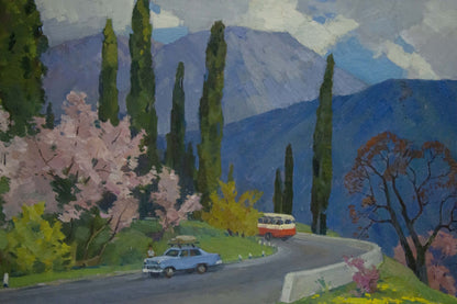Oil painting of vintage blue sedan on mountain road with cherry blossoms