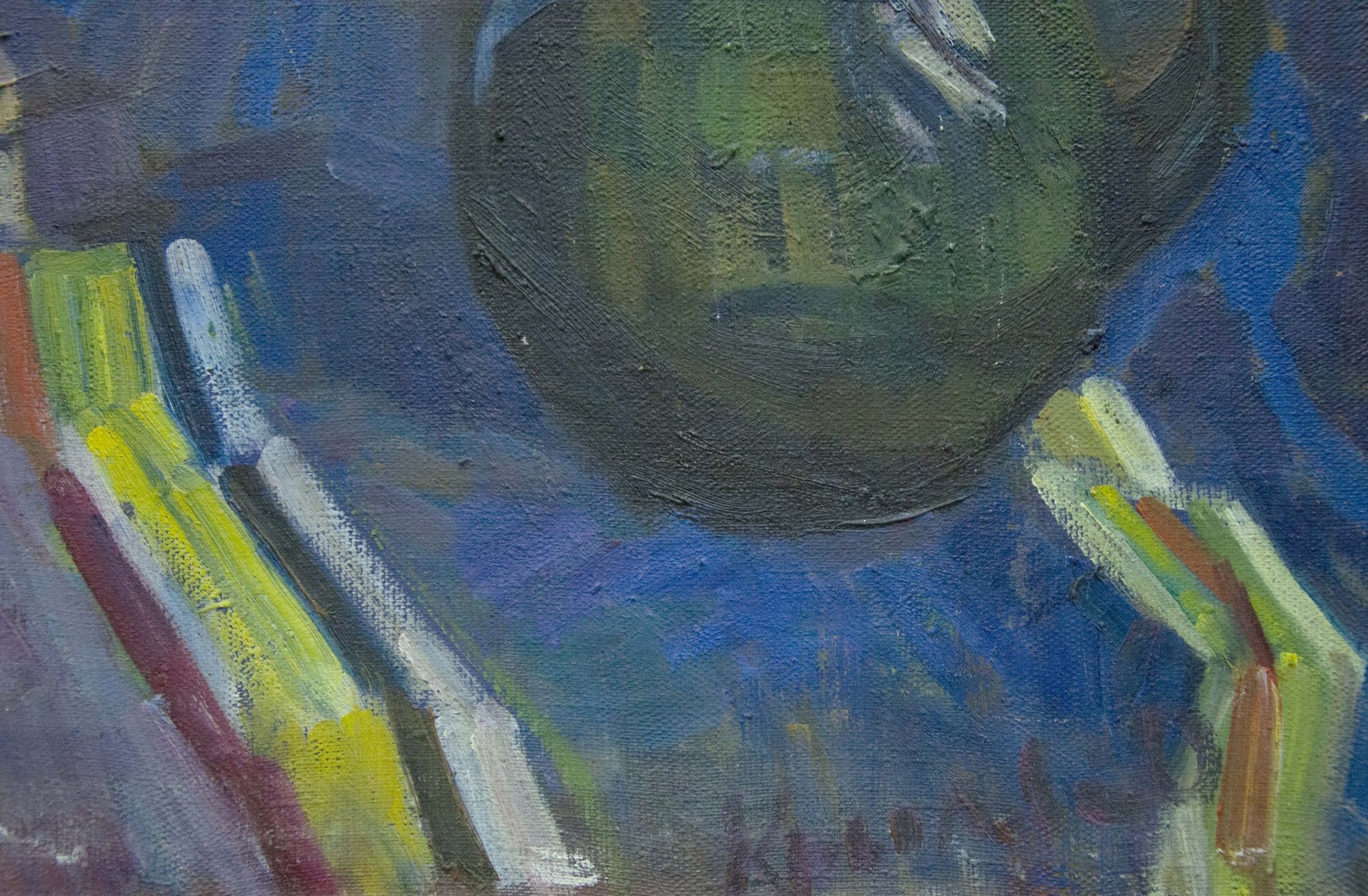 Oil painting Flowers Krymov O. textured olive-green sphere on blue purple background