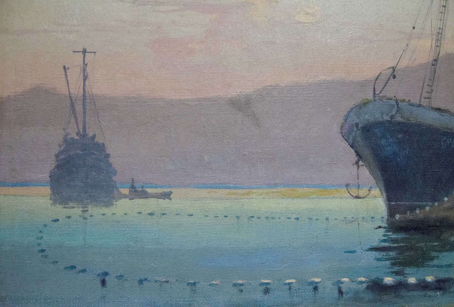 Oil painting of harbor ships by Peter Kuzmich Stolyarenko