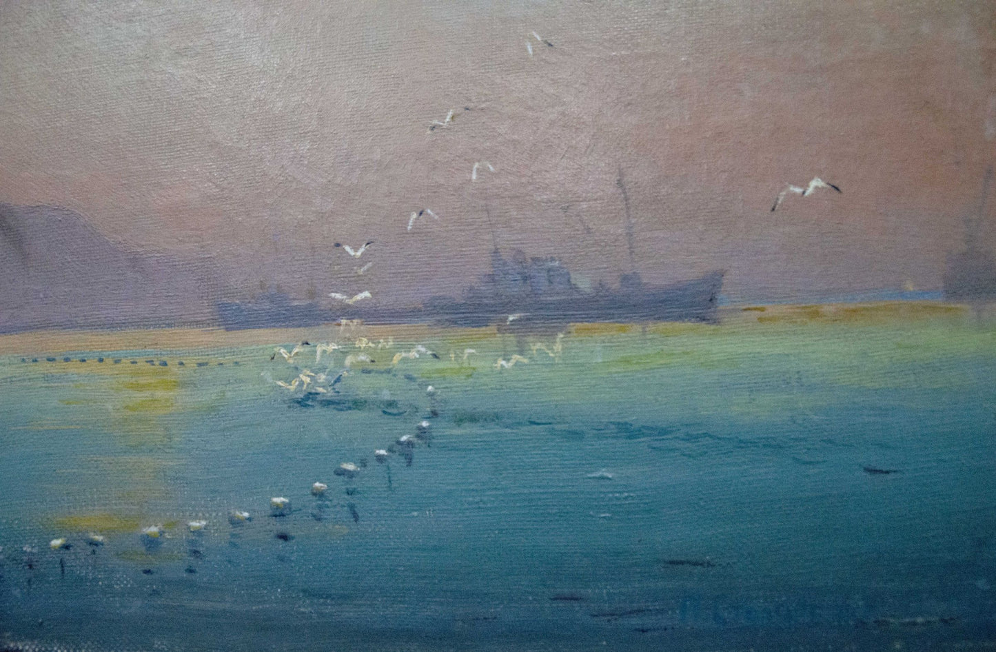 Oil painting of distant ship on calm waters by Peter Kuzmich Stolyarenko