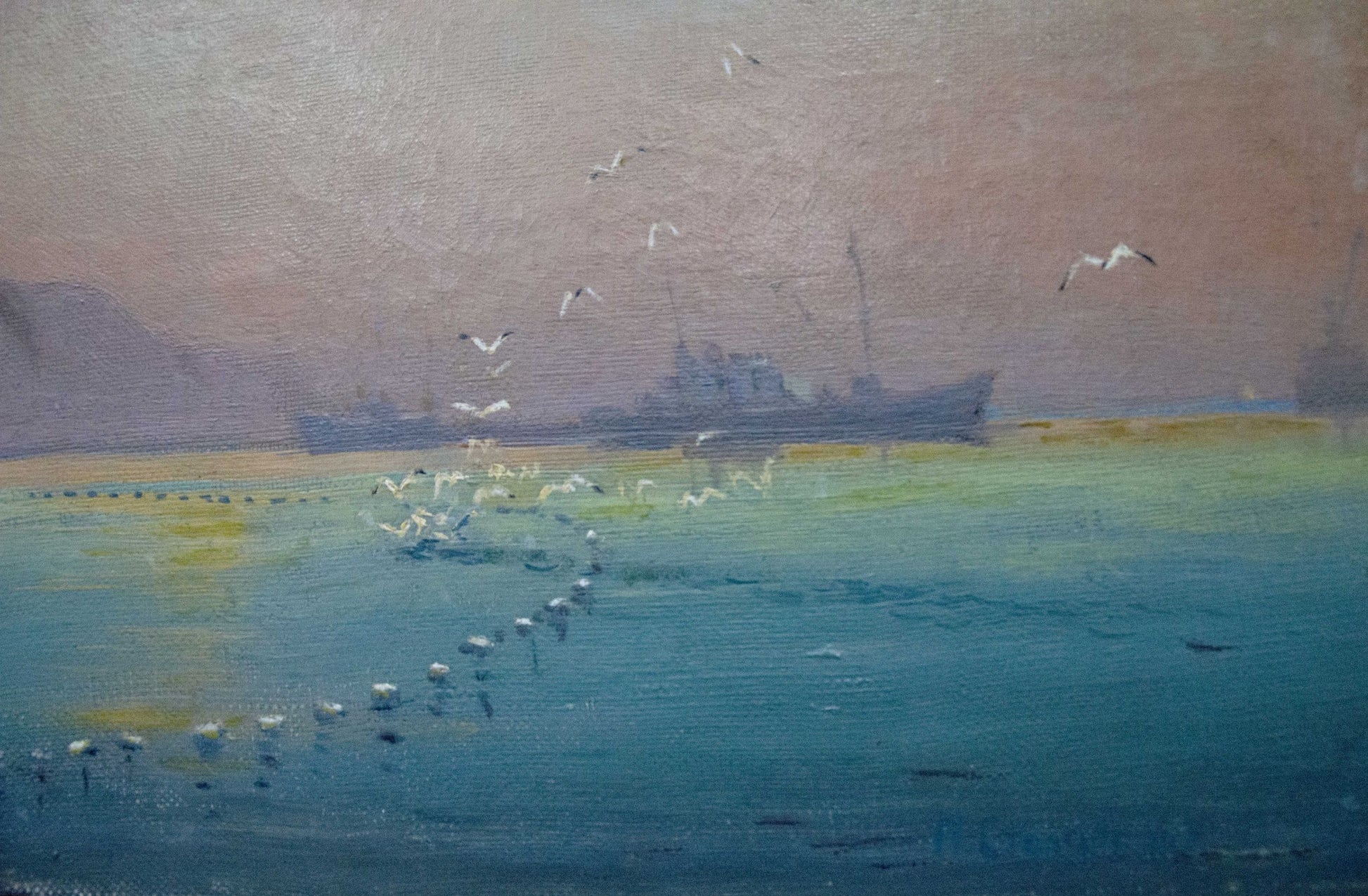 Oil painting of distant ship on calm waters by Peter Kuzmich Stolyarenko