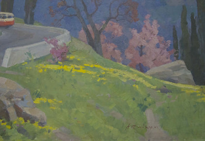 Oil painting of mountain road with red van, hills, dandelions, blue sky