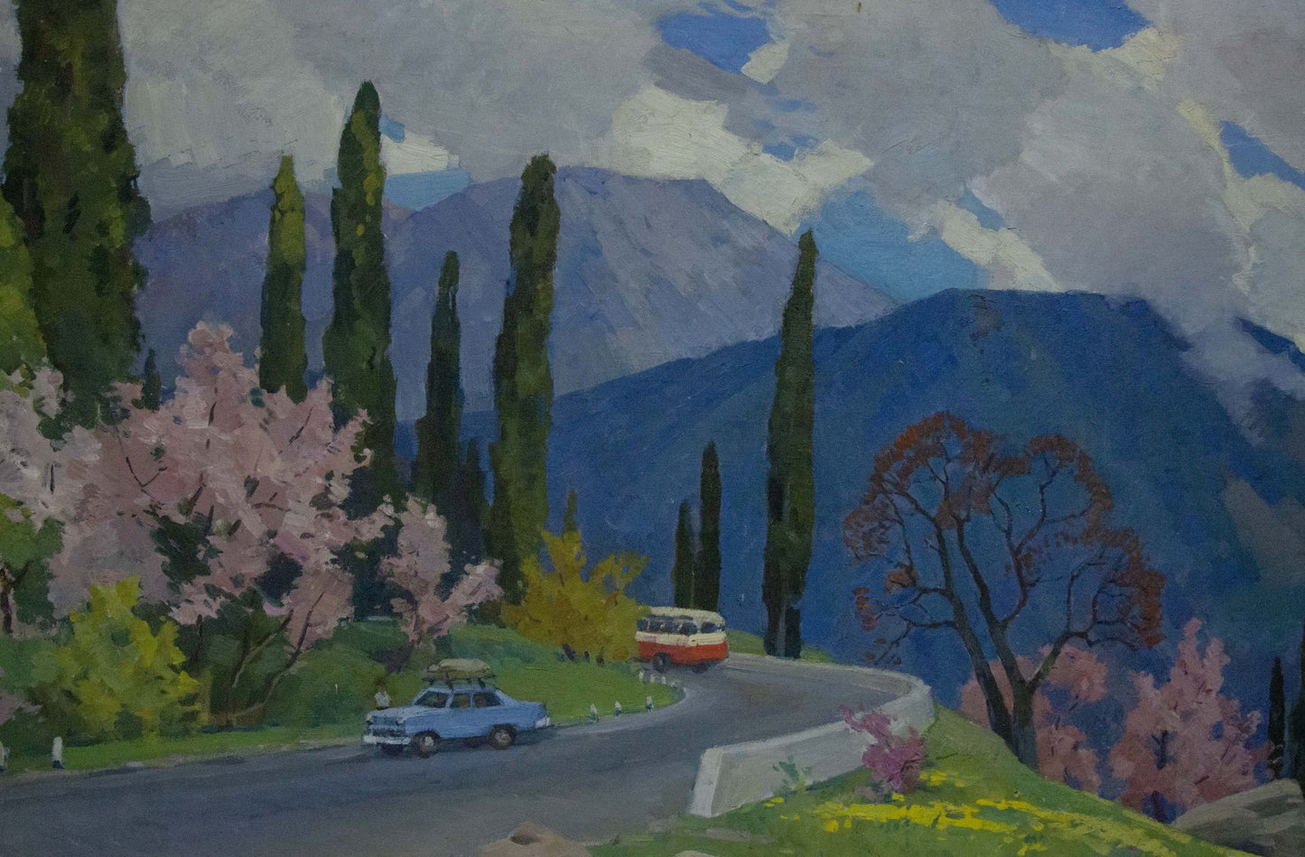 Oil painting of vintage blue car on mountain road with cherry blossoms