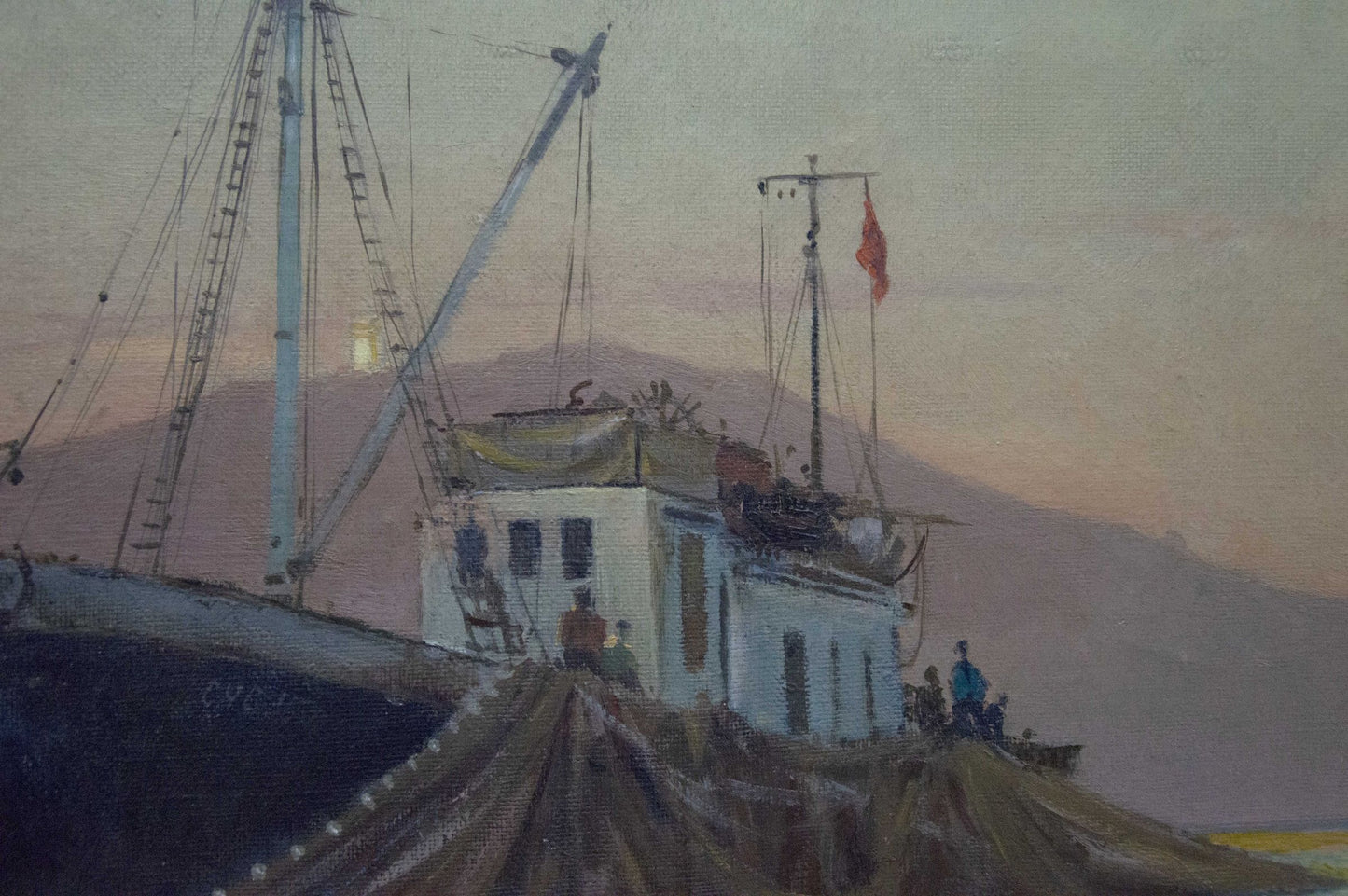 Oil painting by Peter Kuzmich Stolyarenko: ship deck building with red flag at dusk