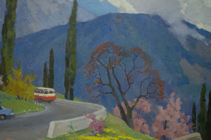 Vintage red and cream minibus on winding mountain road oil painting