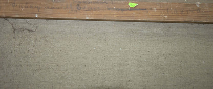 Back of Oil painting Mountain road: weathered wooden plank with markings and green sticker