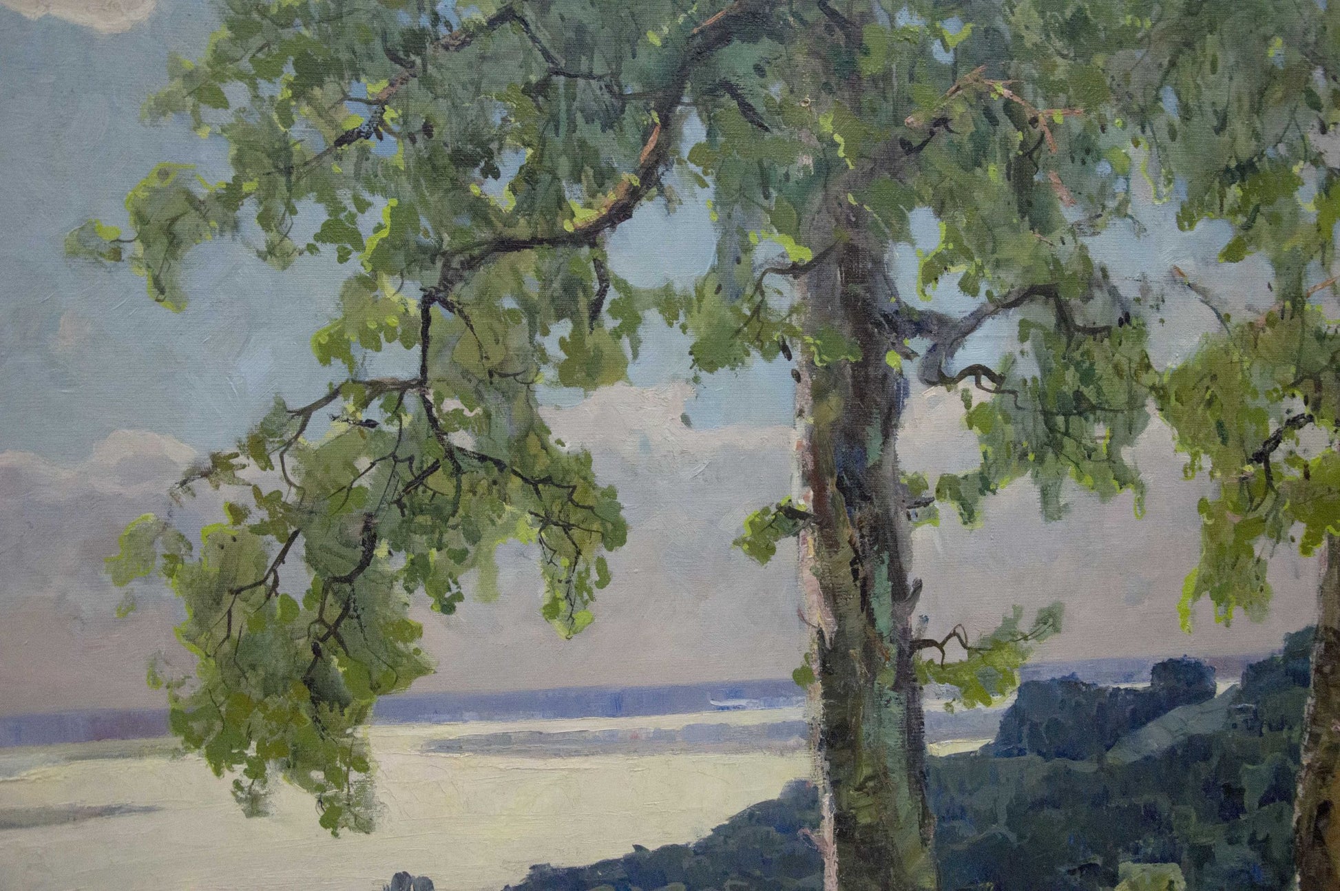 Oil painting by Potapenko Andrey Ilyich: tall tree, blue sky, water