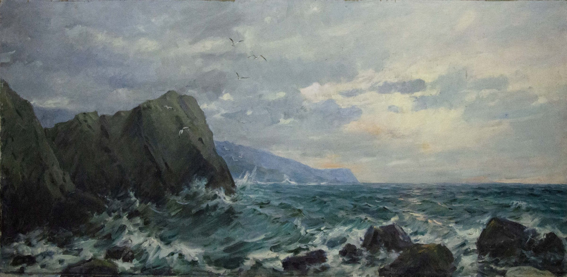 Oil painting Sea cloudy landscape by Sergey Basov: turbulent waves on cliffs