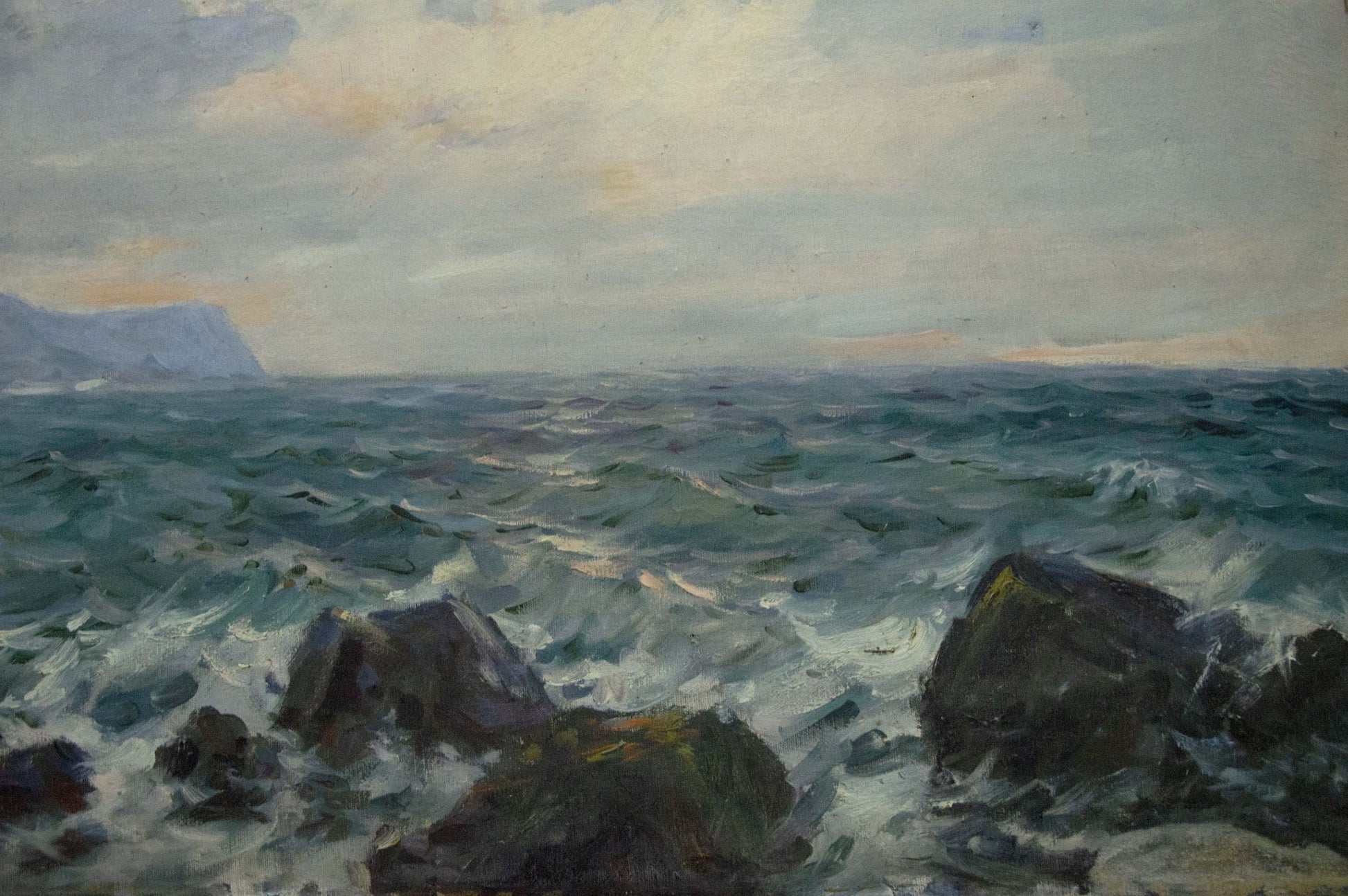 Oil painting of stormy sea waves crashing on rocks by Sergey Basov