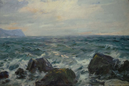 Oil painting of stormy sea waves crashing on rocks by Sergey Basov