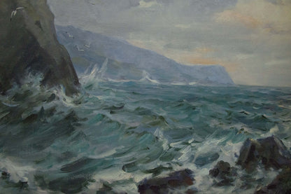 Oil painting of stormy sea waves crashing on rugged cliffs by Sergey Basov