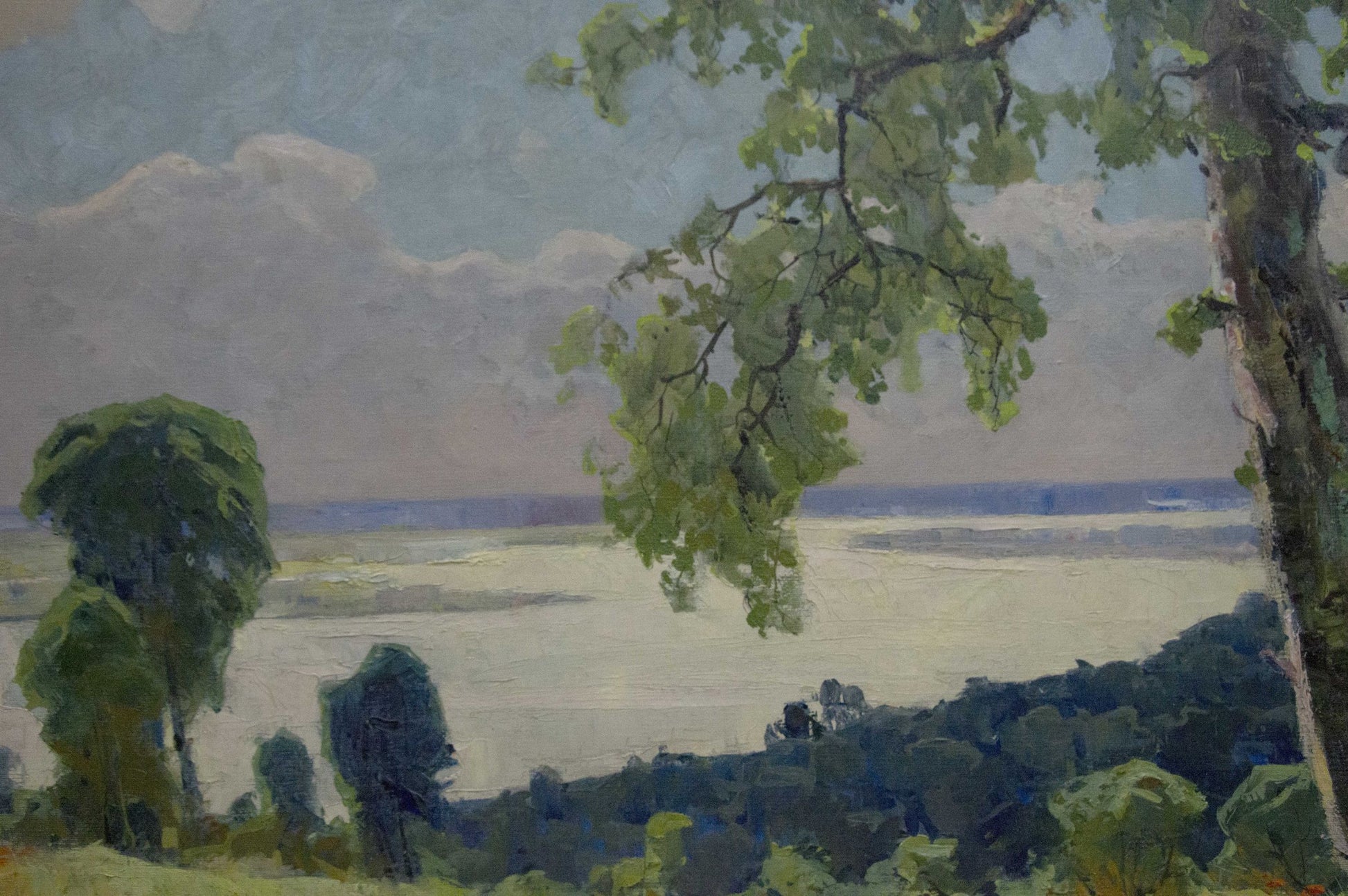 Serene impressionistic oil painting by Potapenko Andrey Ilyich with lush trees, tranquil water, sunny cloudy sky