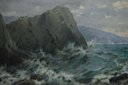Oil painting of stormy sea crashing on rugged cliff by Sergey Basov