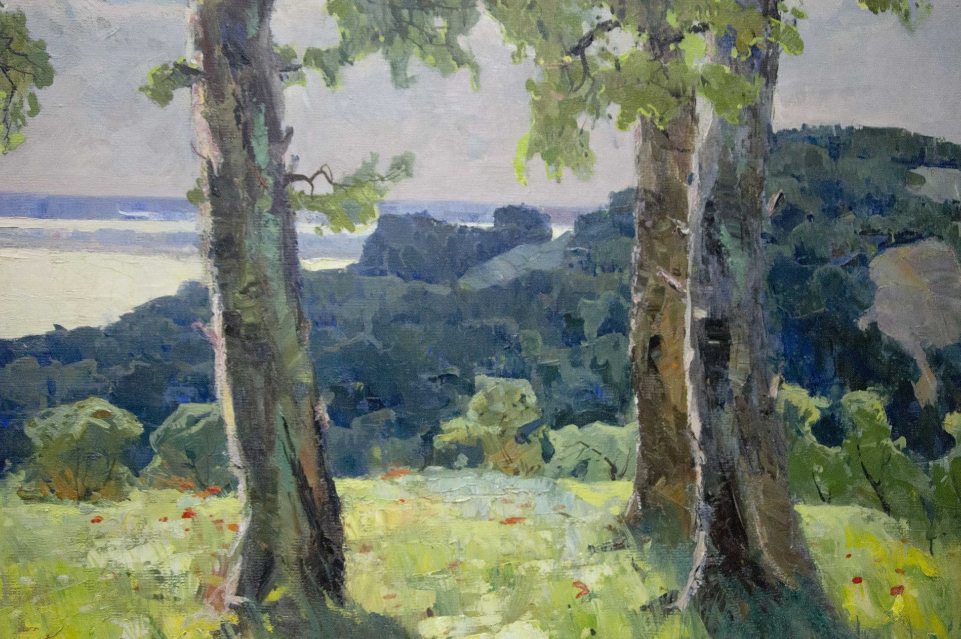 Serene impressionist oil painting by Potapenko Andrey Ilyich of birch trees framing shoreline
