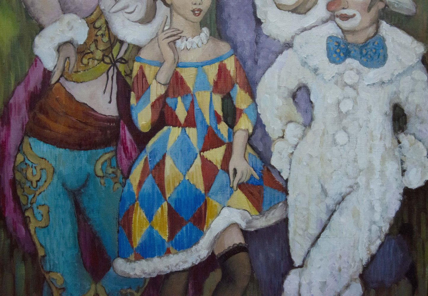 Vibrant geometric dress in blue yellow red with white fur trim by Melnikov