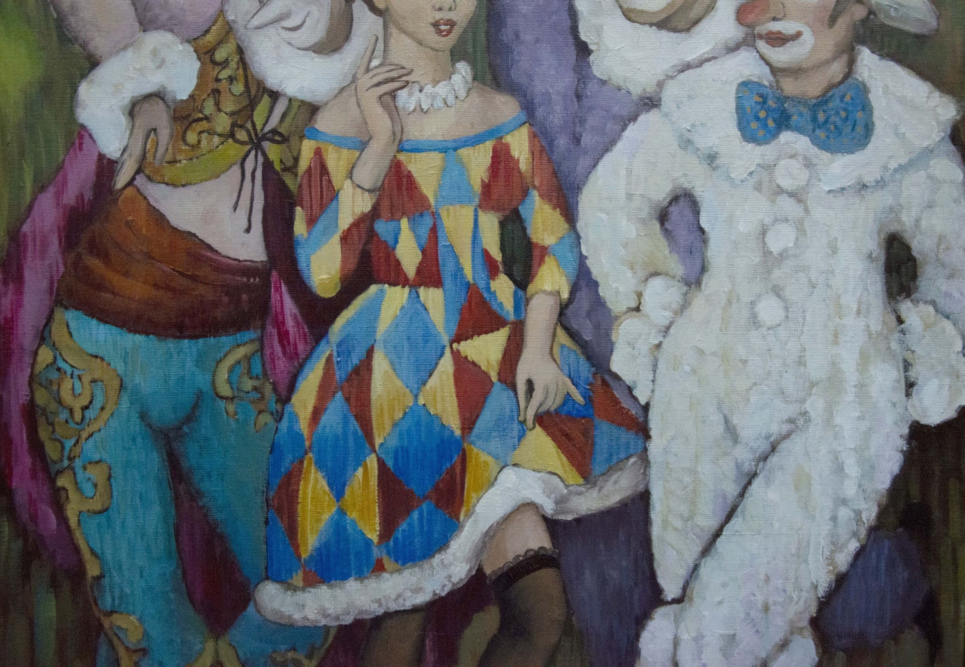 Vibrant geometric dress in blue yellow red with white fur trim by Melnikov