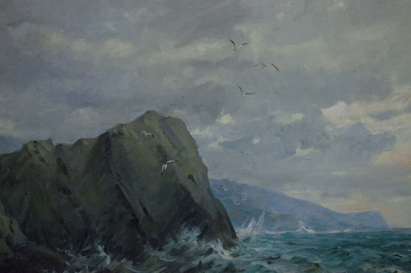 Oil painting Sea cloudy landscape by Sergey Basov moody cliff and waves