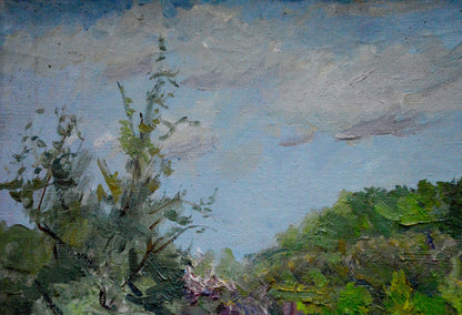 Textured oil painting of Garden by Matvey Borisovich Kogan-Shatz with green foliage and blue sky