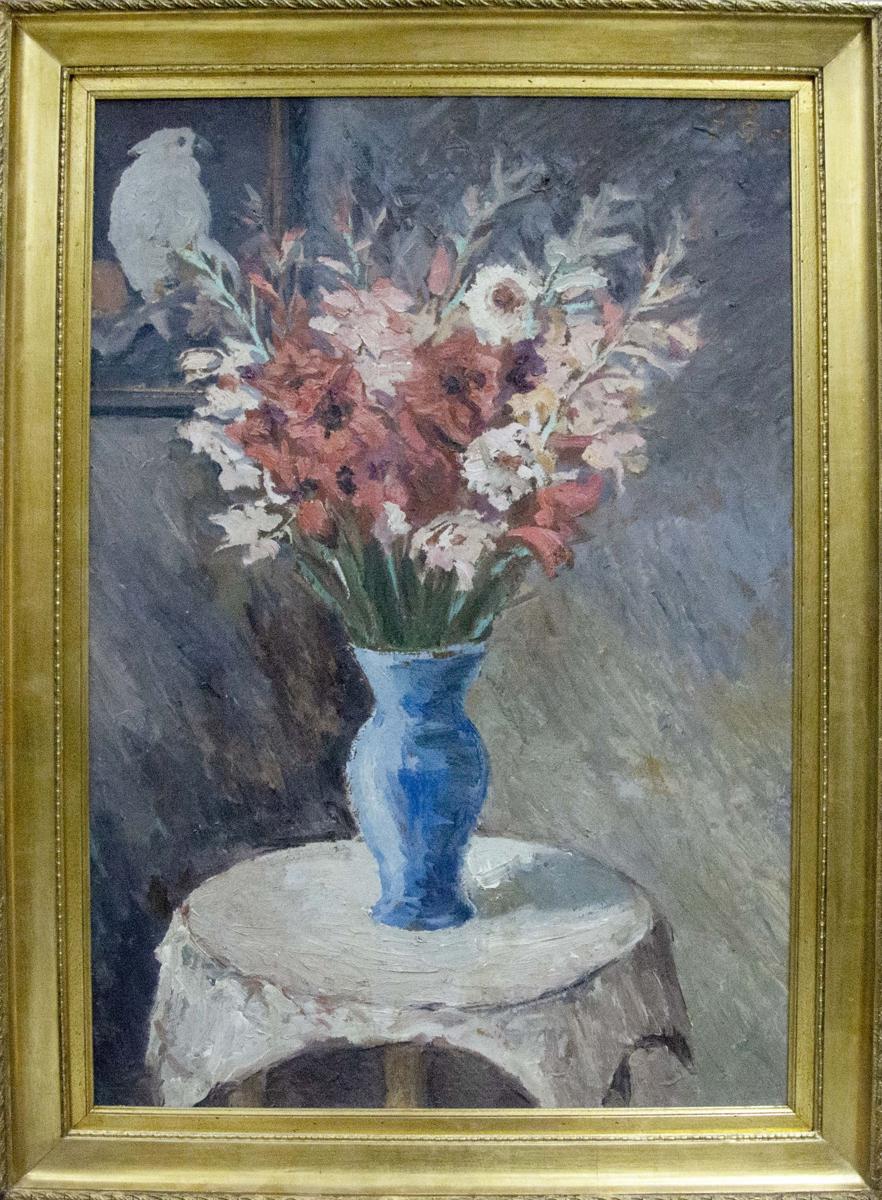 Oil painting of vibrant blue vase with pink, white, purple gladiolus by Smol’skiy Grigoriy Stepanovich
