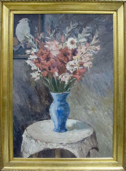 Oil painting of vibrant blue vase with pink, white, purple gladiolus by Smol’skiy Grigoriy Stepanovich