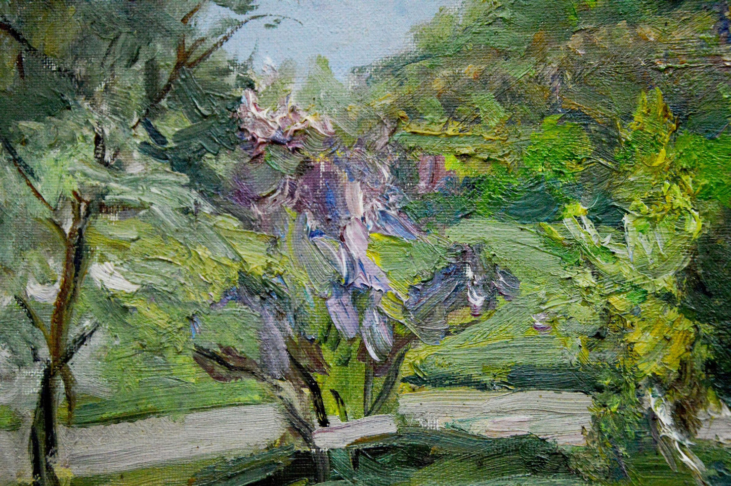 Vibrant impressionist oil painting of purple white flowers in green foliage by Matvey Borisovich Kogan-Shatz