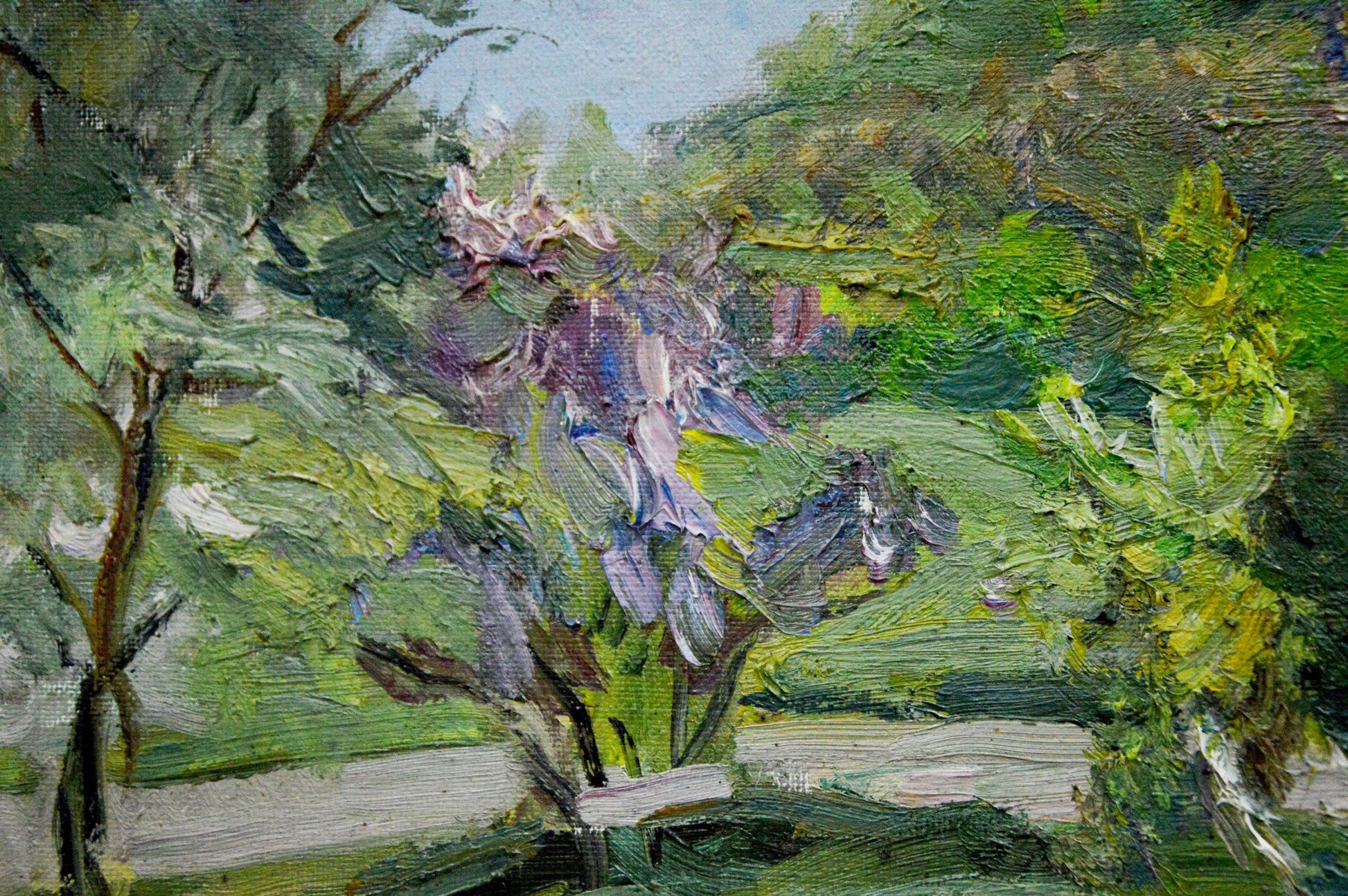 Vibrant impressionist oil painting of purple white flowers in green foliage by Matvey Borisovich Kogan-Shatz