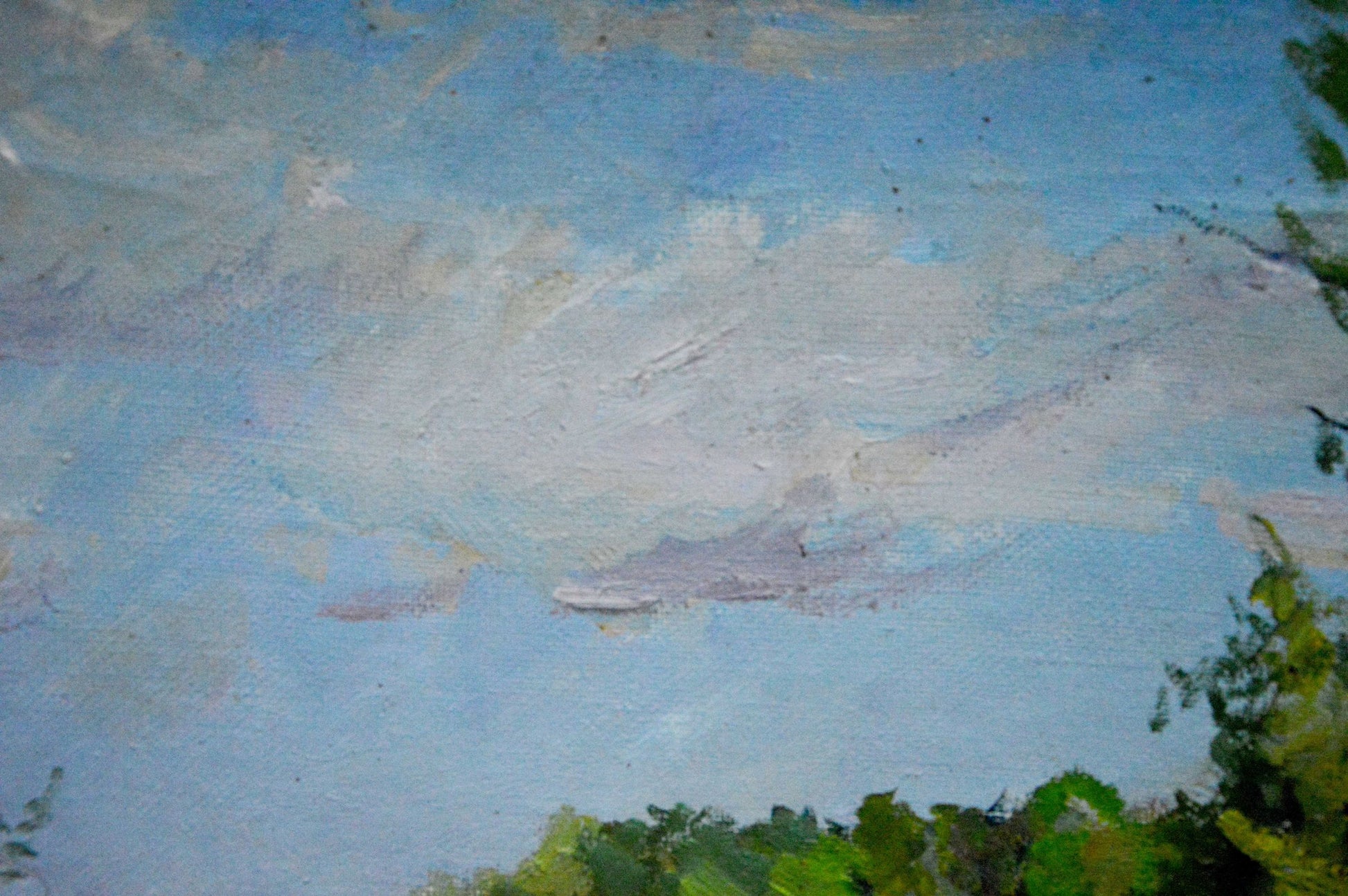 Impressionistic oil painting by Matvey Borisovich Kogan-Shatz: soft blue sky with fluffy clouds, green foliage frame