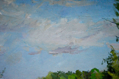 Impressionistic oil painting by Matvey Borisovich Kogan-Shatz: soft blue sky with fluffy clouds, green foliage frame