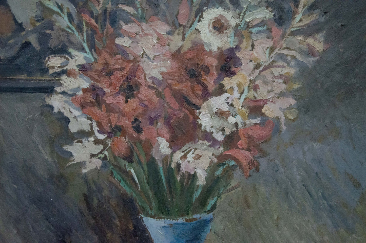 Oil painting of vibrant pink and white gladiolus by Smolskiy Grigoriy Stepanovich in blue vase