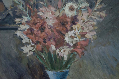 Oil painting of vibrant pink and white gladiolus by Smolskiy Grigoriy Stepanovich in blue vase