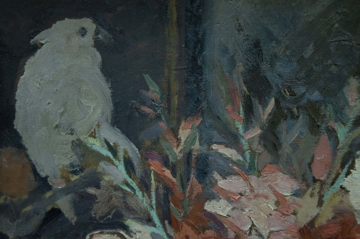Oil painting Gladiolus by Smol’skiy Grigoriy Stepanovich, white bird in pink green foliage