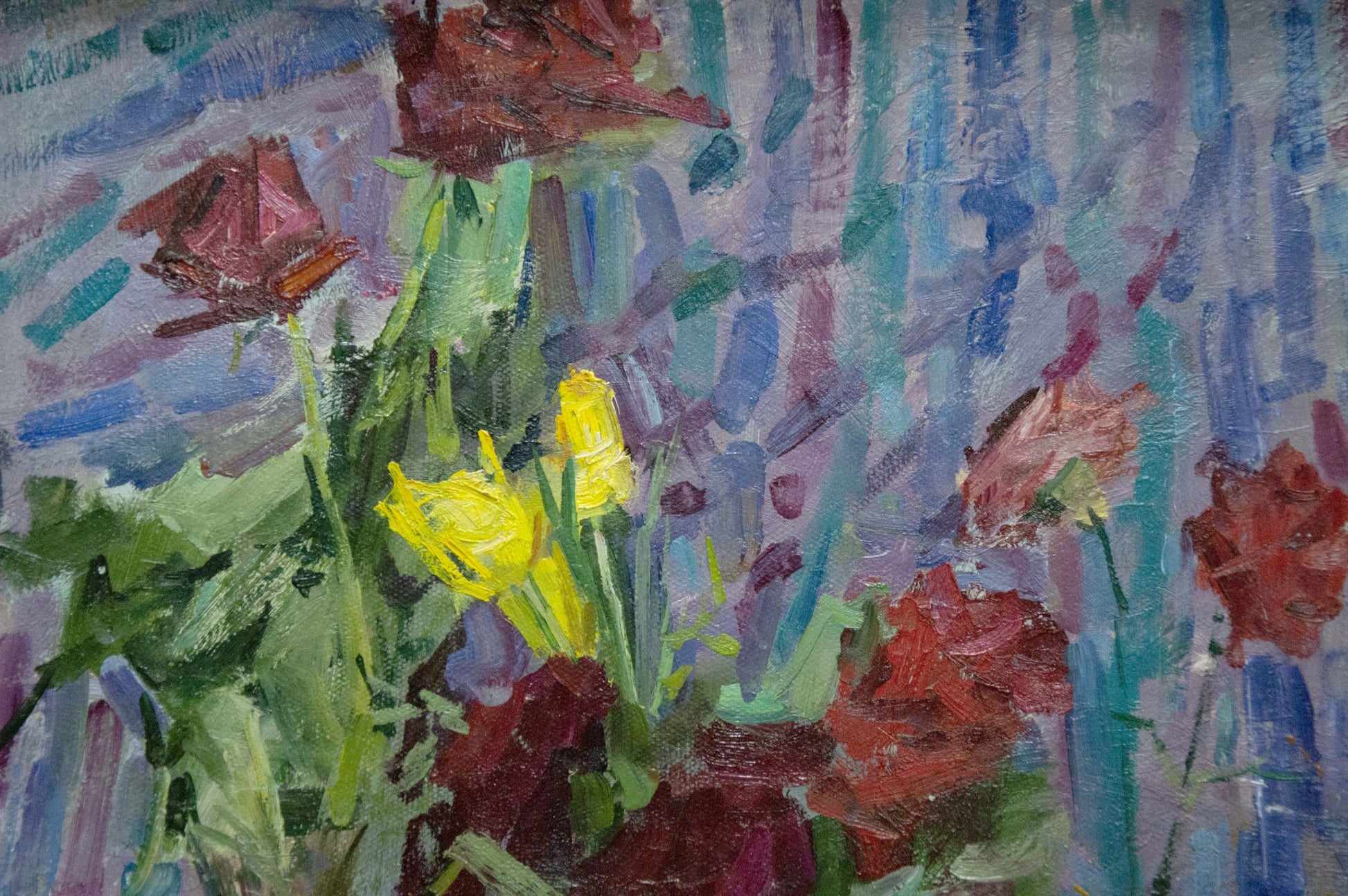Vibrant impressionist oil painting of yellow tulips and red roses by Ryasnyansky Mikhail Alekseevich